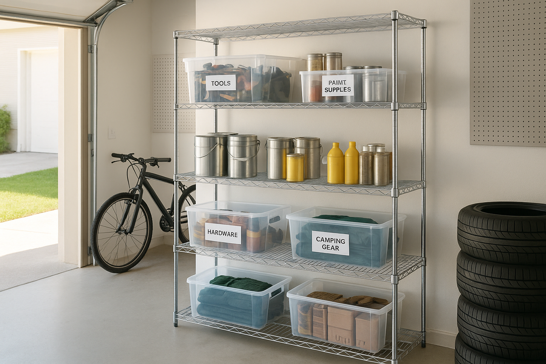 Best wire shelving for garage in America 2025: Utility Basics chrome rack in organized garage with tools and bins