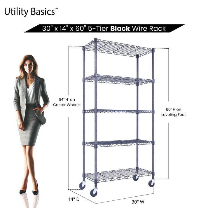 Adjustable Wire Shelving 30"W x 14"D x 60"H | NSF Certified | Black | 5-Tier