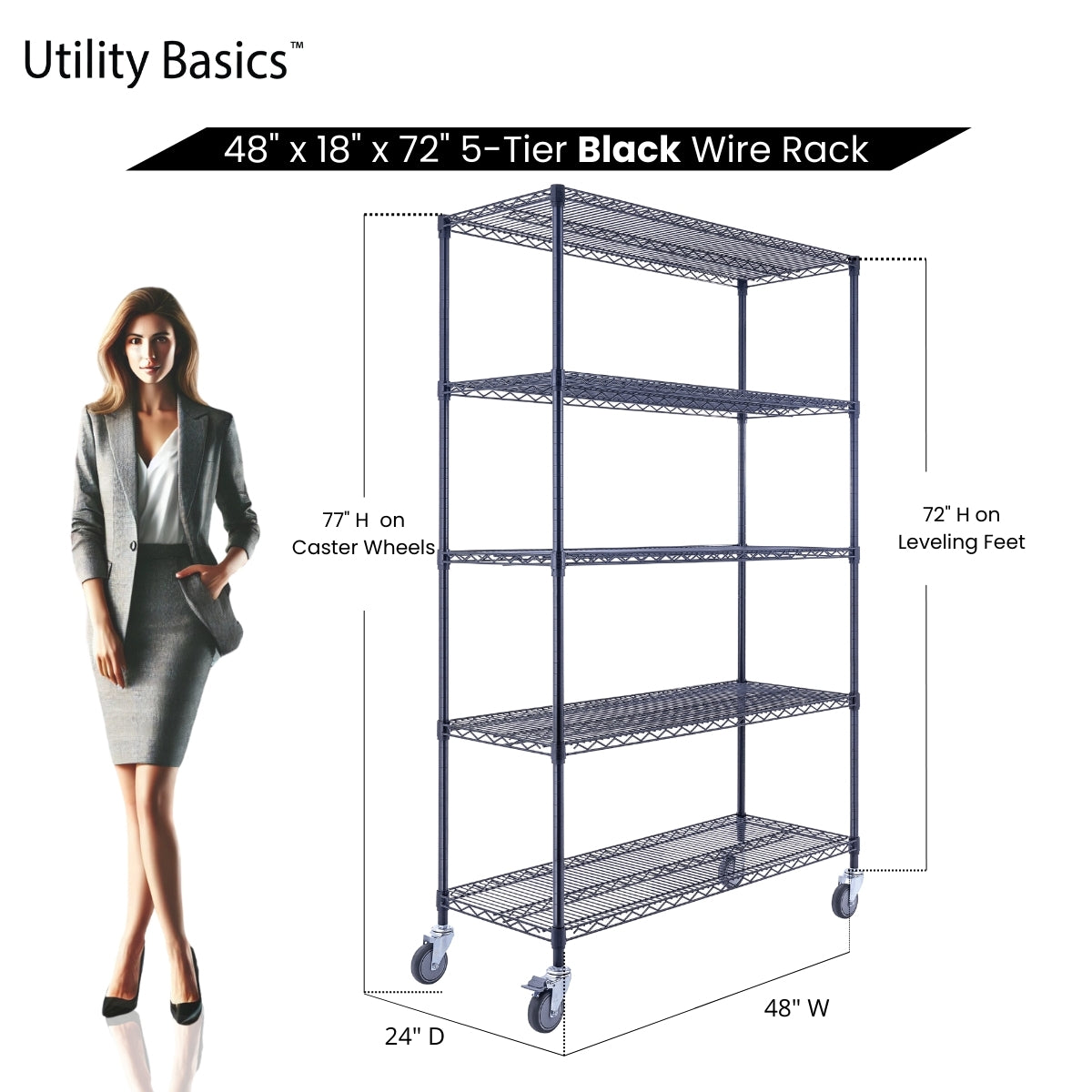 5-Tier Black Wire Shelving 48"W x 18"D x 72"H | NSF Certified