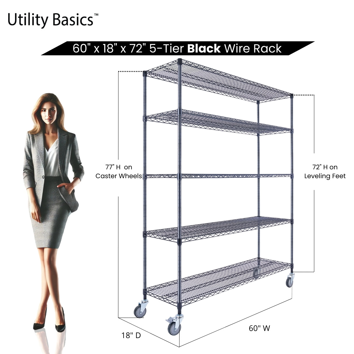 5-Tier Black Wire Shelving 60"W x 18"D x 72"H | NSF Certified