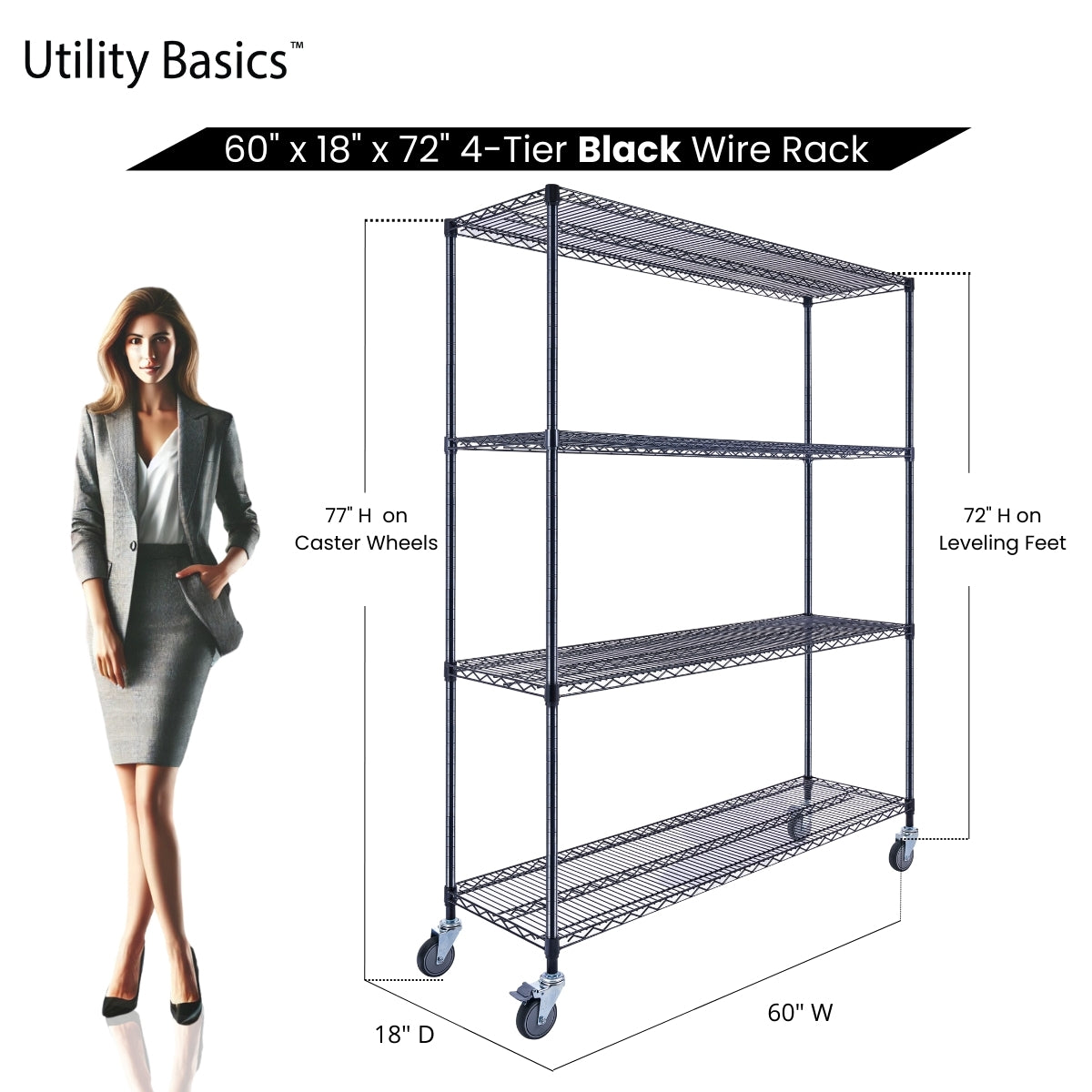4-Tier Black Wire Shelving 60"W x 18"D x 72"H | NSF Certified