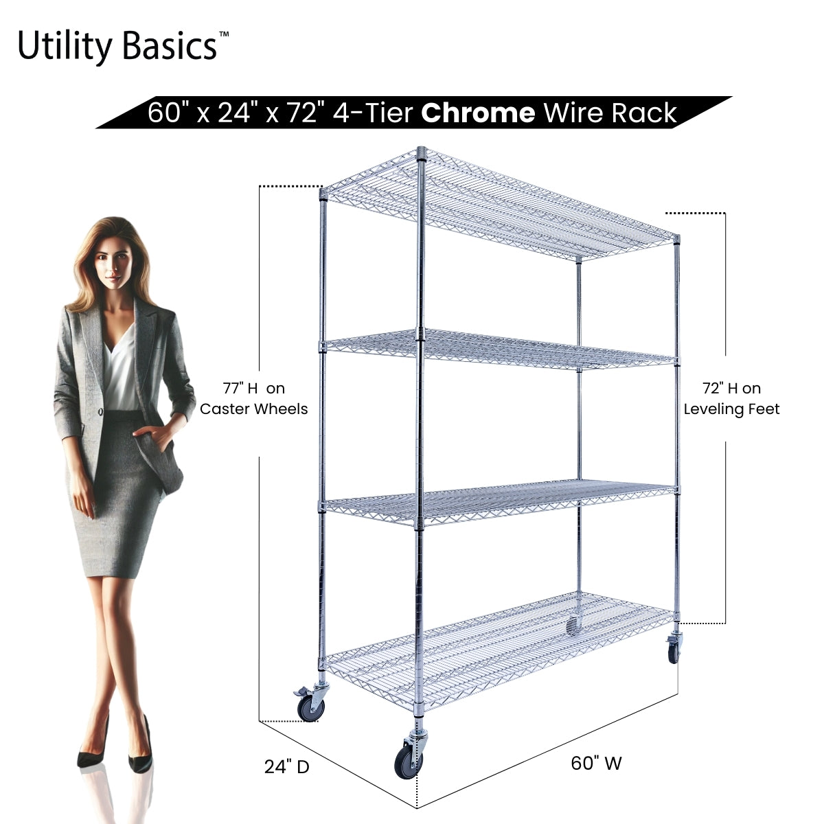 60"W x 24"D x 72"H Wire Shelving | 4-Tier | NSF Certified | Chrome