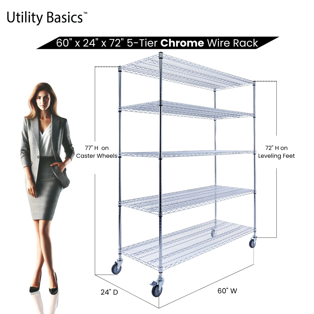 5-Tier Chrome Wire Shelving 60"W x 24"D x 72"H | NSF Certified