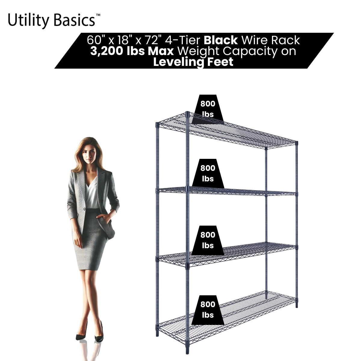 4-Tier Black Wire Shelving 60"W x 18"D x 72"H | NSF Certified