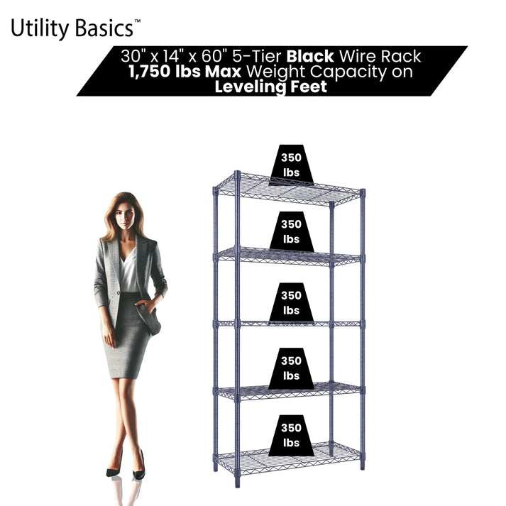 Adjustable Wire Shelving 30"W x 14"D x 60"H | NSF Certified | Black | 5-Tier