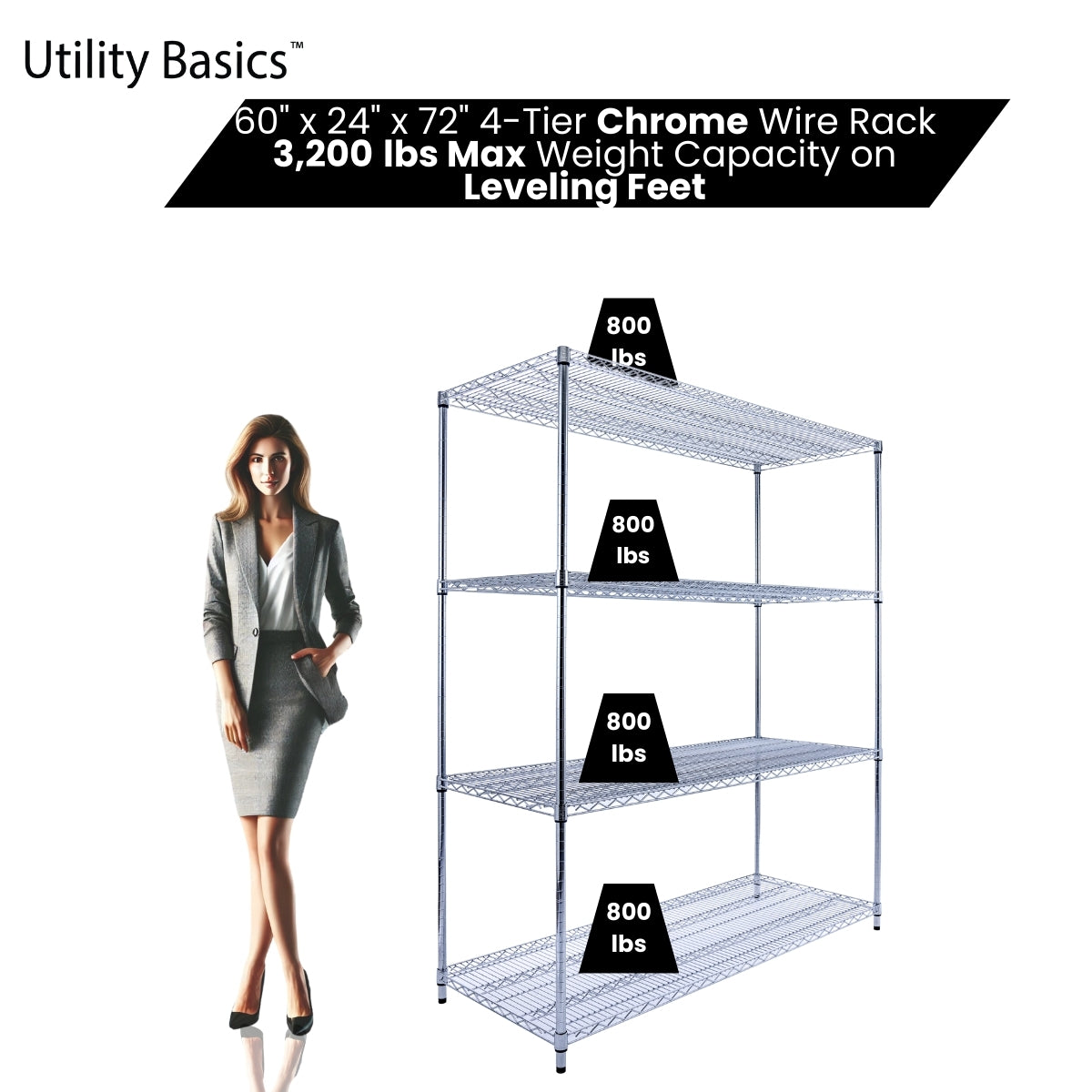 60"W x 24"D x 72"H Wire Shelving | 4-Tier | NSF Certified | Chrome