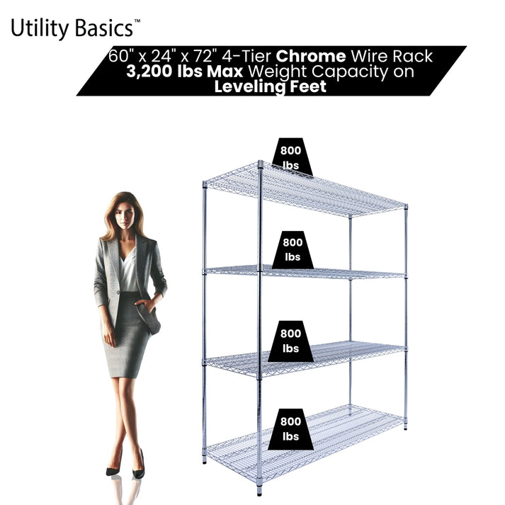 60"W x 24"D x 72"H Wire Shelving | 4-Tier | NSF Certified | Chrome