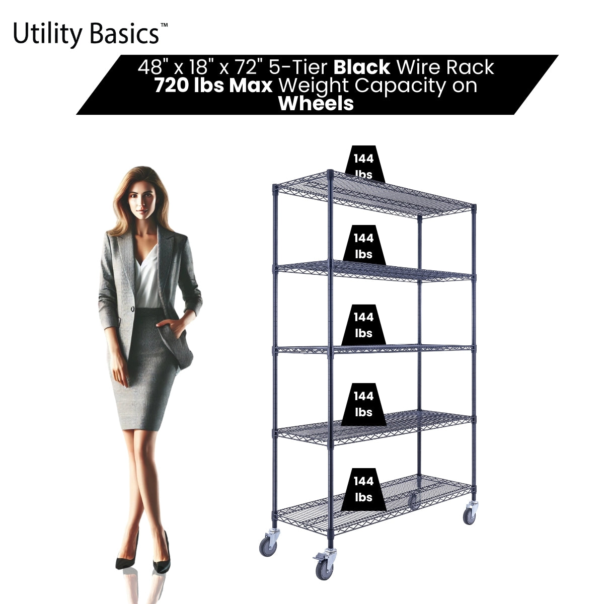 5-Tier Black Wire Shelving 48"W x 18"D x 72"H | NSF Certified