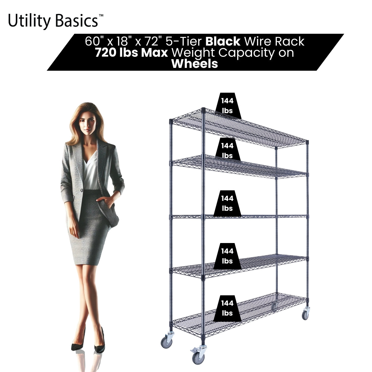 5-Tier Black Wire Shelving 60"W x 18"D x 72"H | NSF Certified