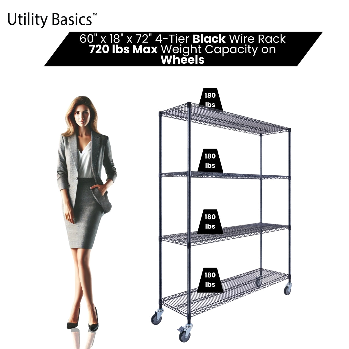 4-Tier Black Wire Shelving 60"W x 18"D x 72"H | NSF Certified