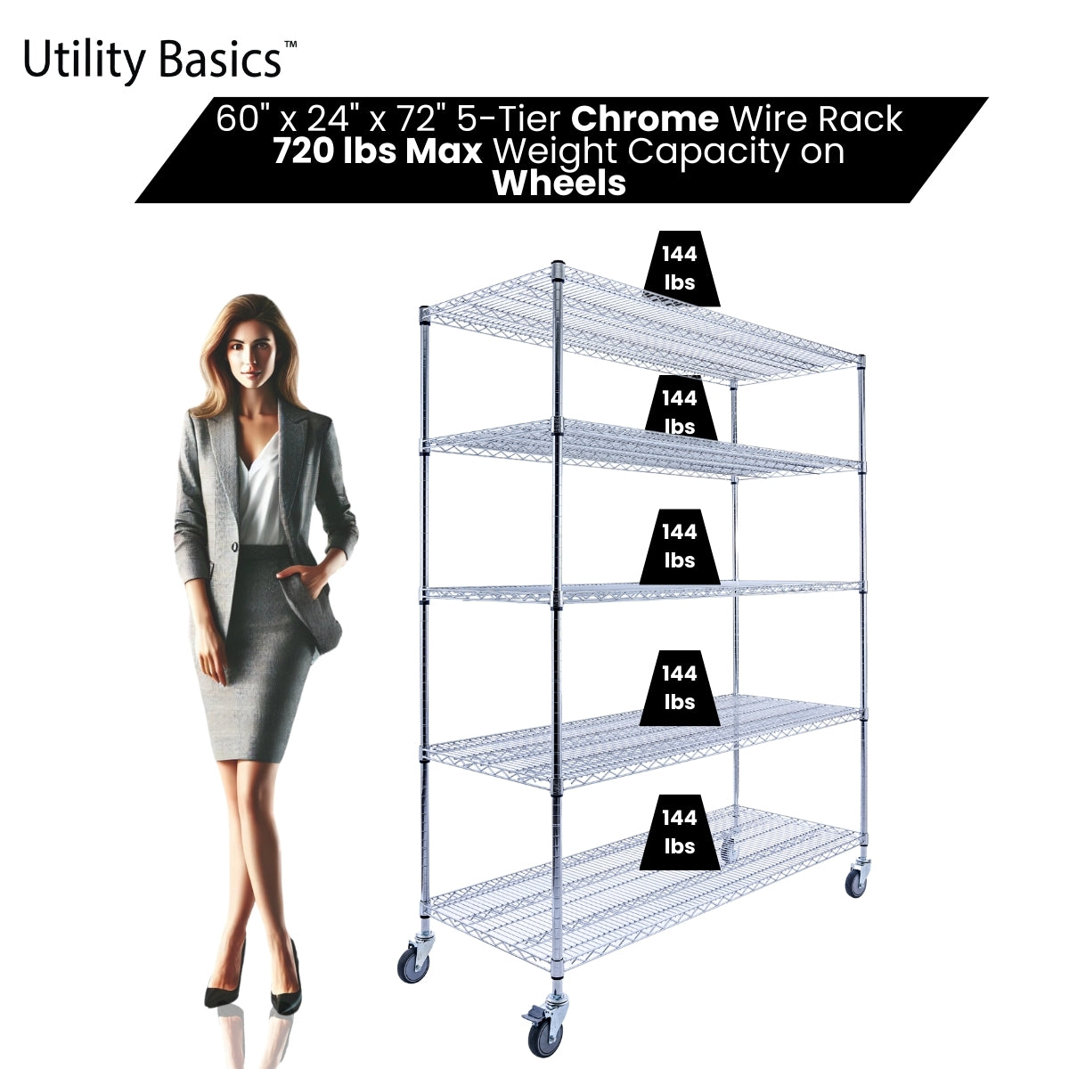 5-Tier Chrome Wire Shelving 60"W x 24"D x 72"H | NSF Certified