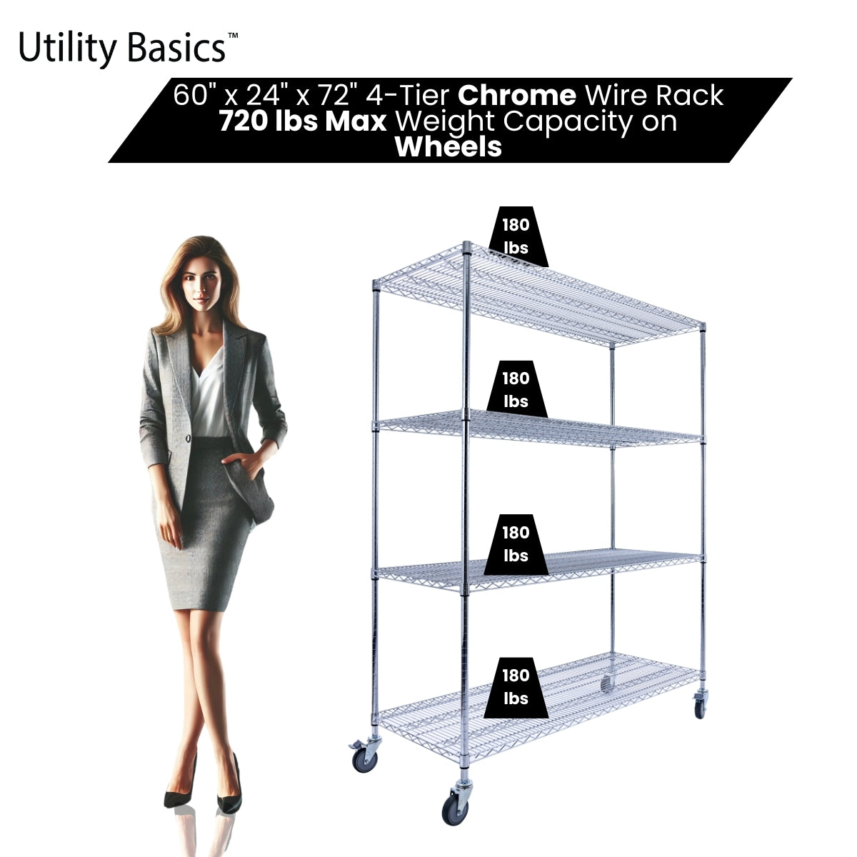 60"W x 24"D x 72"H Wire Shelving | 4-Tier | NSF Certified | Chrome