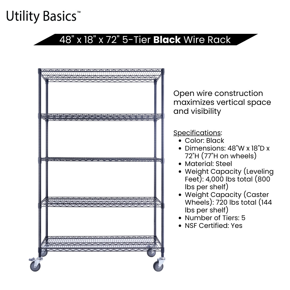 5-Tier Black Wire Shelving 48"W x 18"D x 72"H | NSF Certified