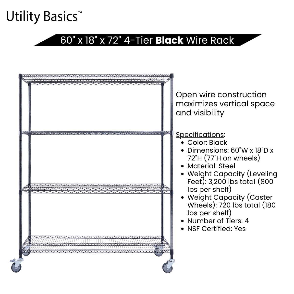 4-Tier Black Wire Shelving 60"W x 18"D x 72"H | NSF Certified
