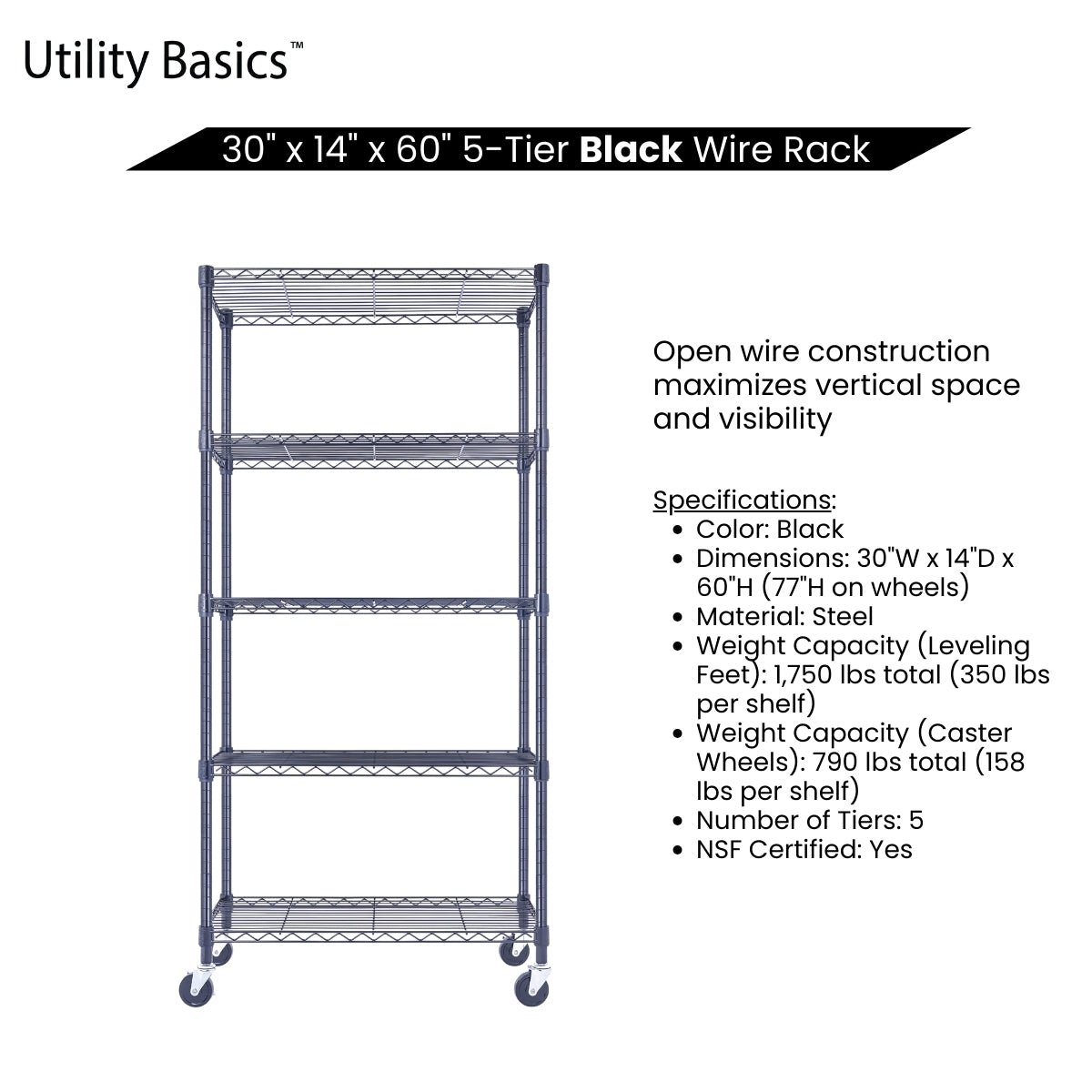 Adjustable Wire Shelving 30"W x 14"D x 60"H | NSF Certified | Black | 5-Tier