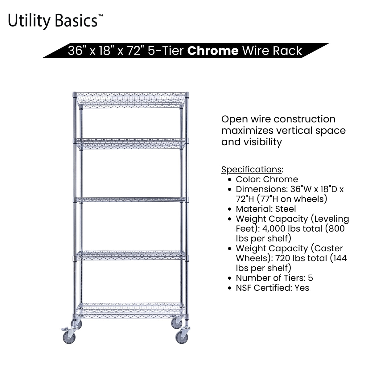 5-Tier Chrome Wire Shelving 36"W x 18"D x 72"H | NSF Certified