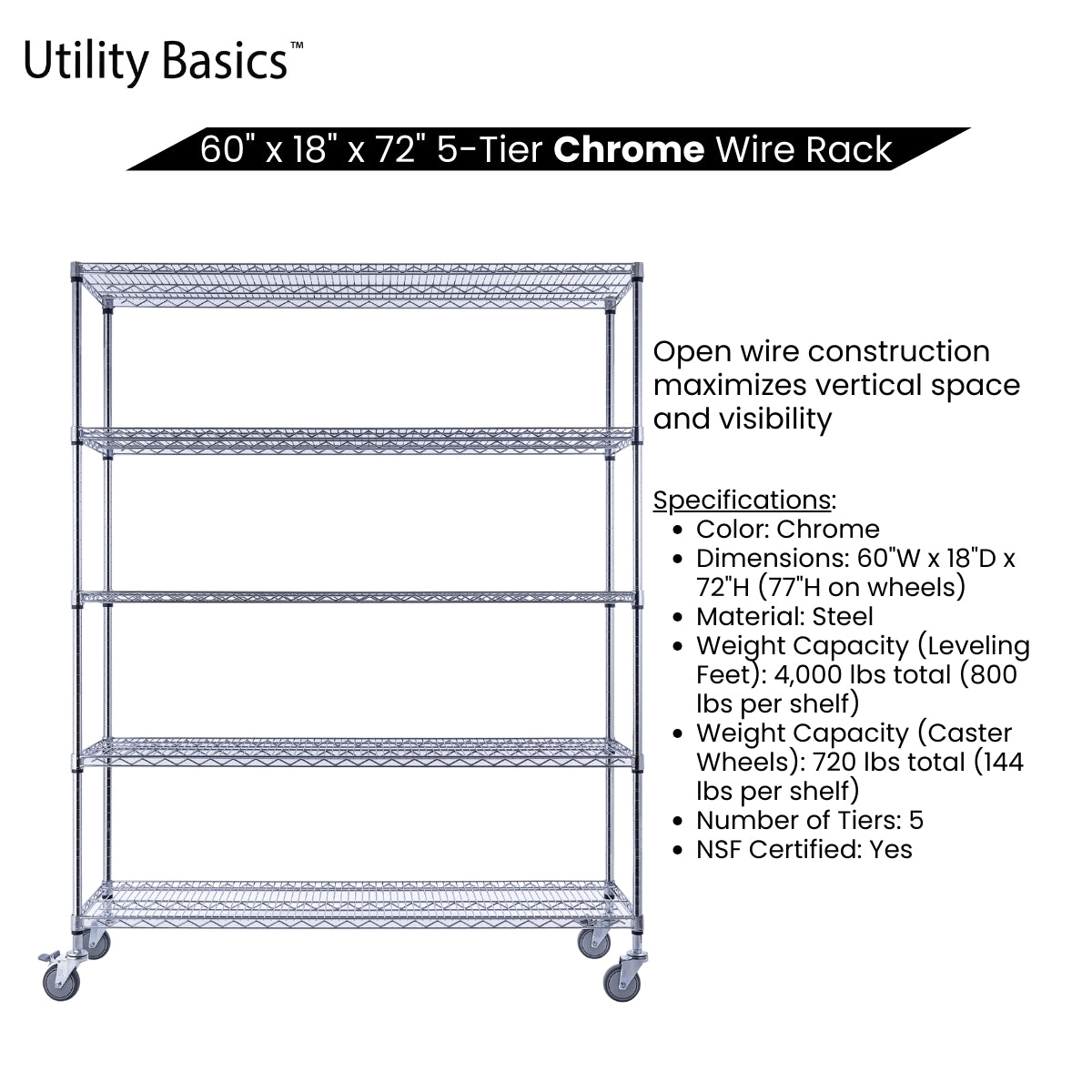 Chrome Wire Rack 60"W x 18"D x 72"H | NSF Certified | 5-Tier