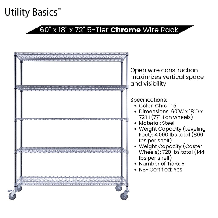 Chrome Wire Rack 60"W x 18"D x 72"H | NSF Certified | 5-Tier