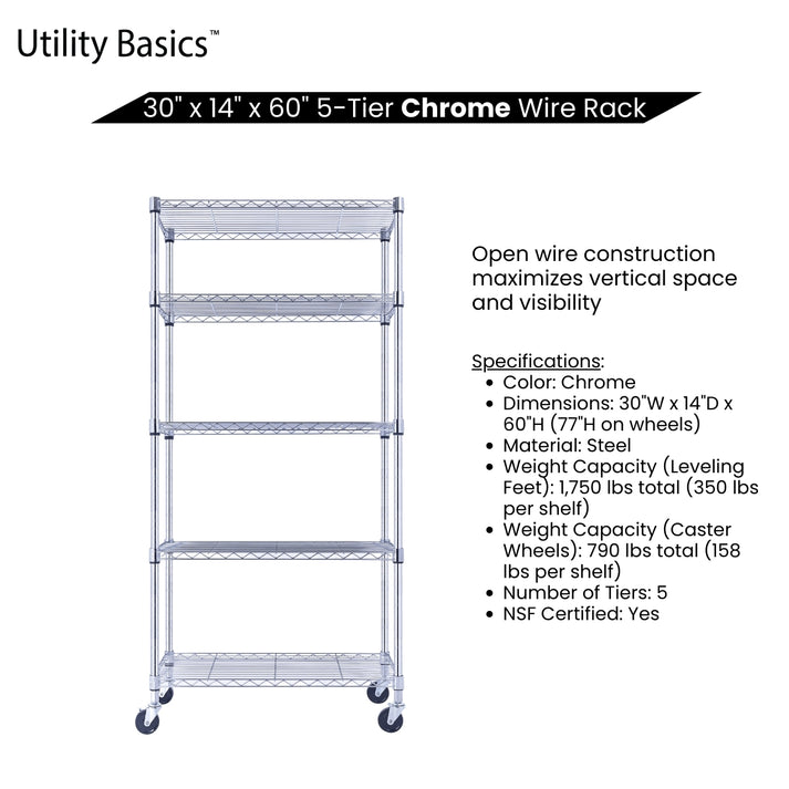 Garage Shelving 30"W x 14"D x 60"H | NSF Certified | Chrome | 5-Tier
