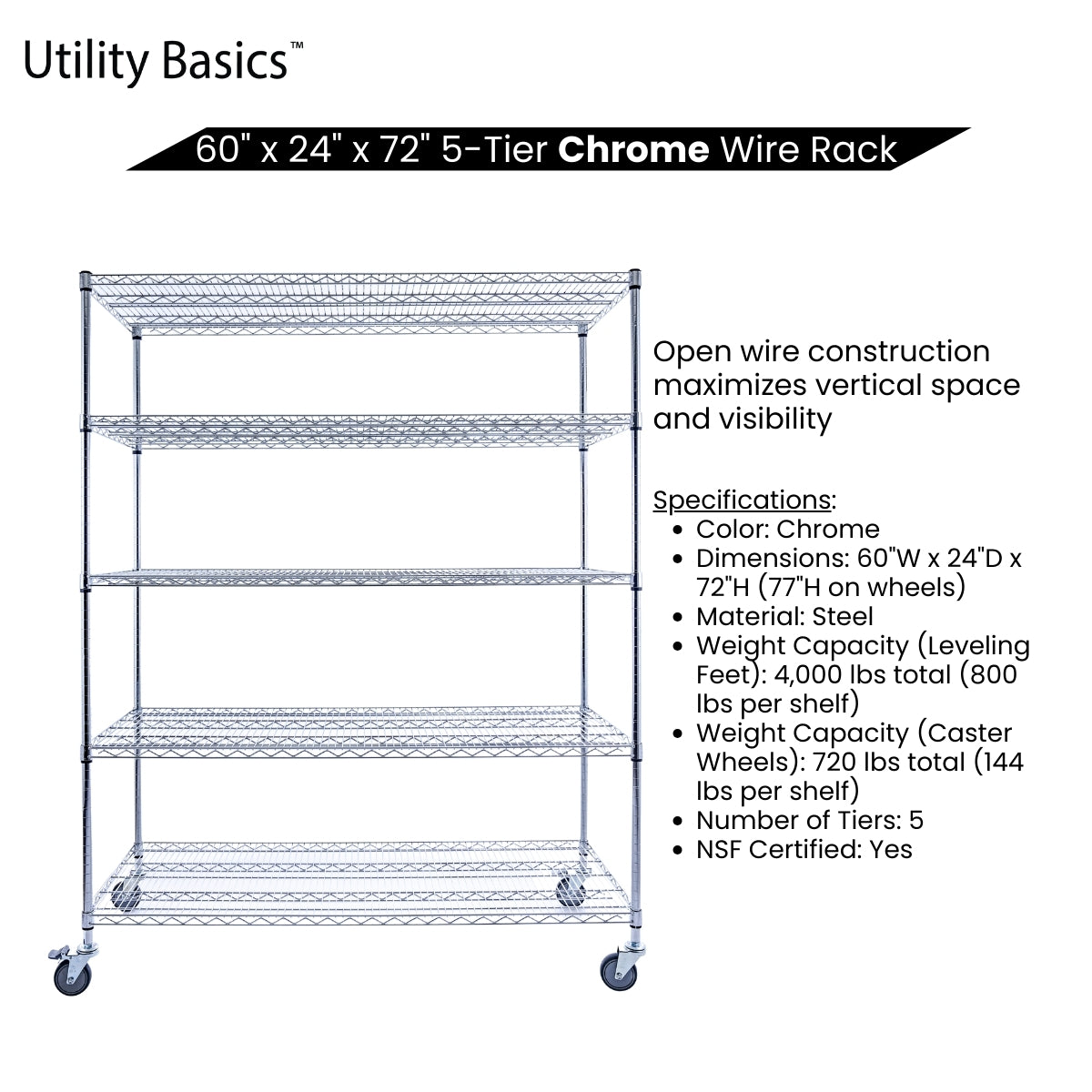 5-Tier Chrome Wire Shelving 60"W x 24"D x 72"H | NSF Certified