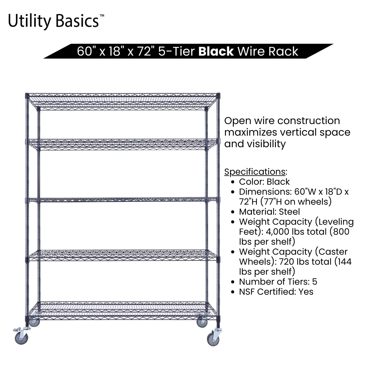 5-Tier Black Wire Shelving 60"W x 18"D x 72"H | NSF Certified