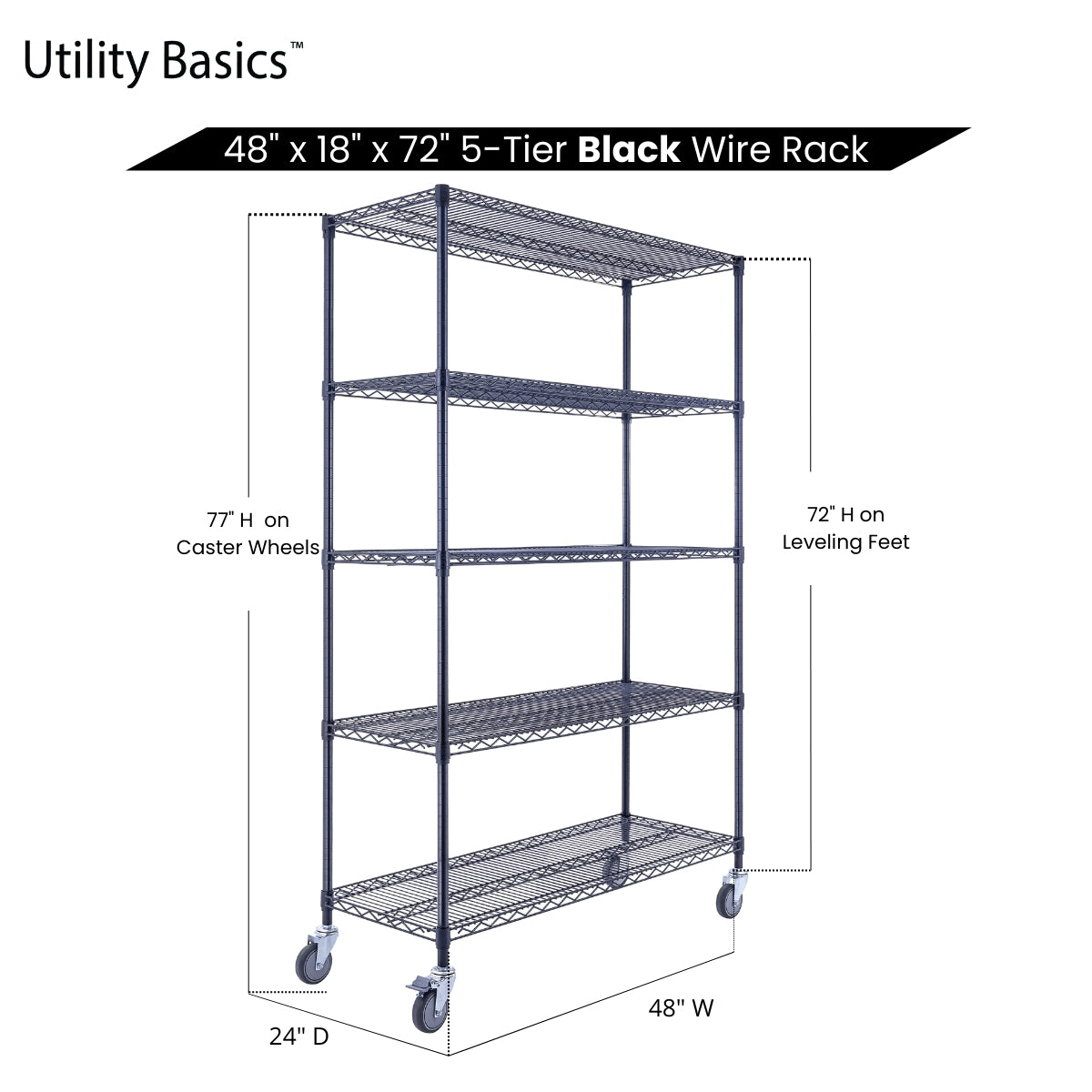 5-Tier Black Wire Shelving 48"W x 18"D x 72"H | NSF Certified