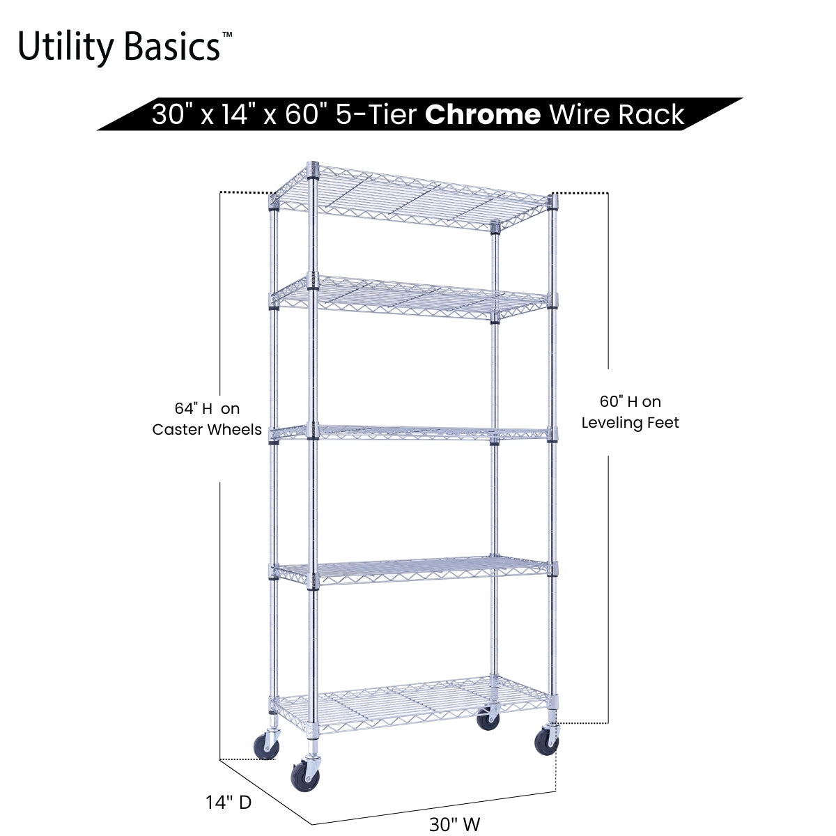 Garage Shelving 30"W x 14"D x 60"H | NSF Certified | Chrome | 5-Tier