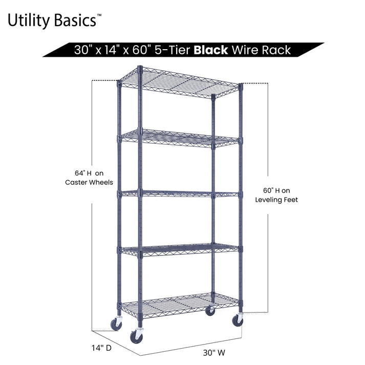 Adjustable Wire Shelving 30"W x 14"D x 60"H | NSF Certified | Black | 5-Tier