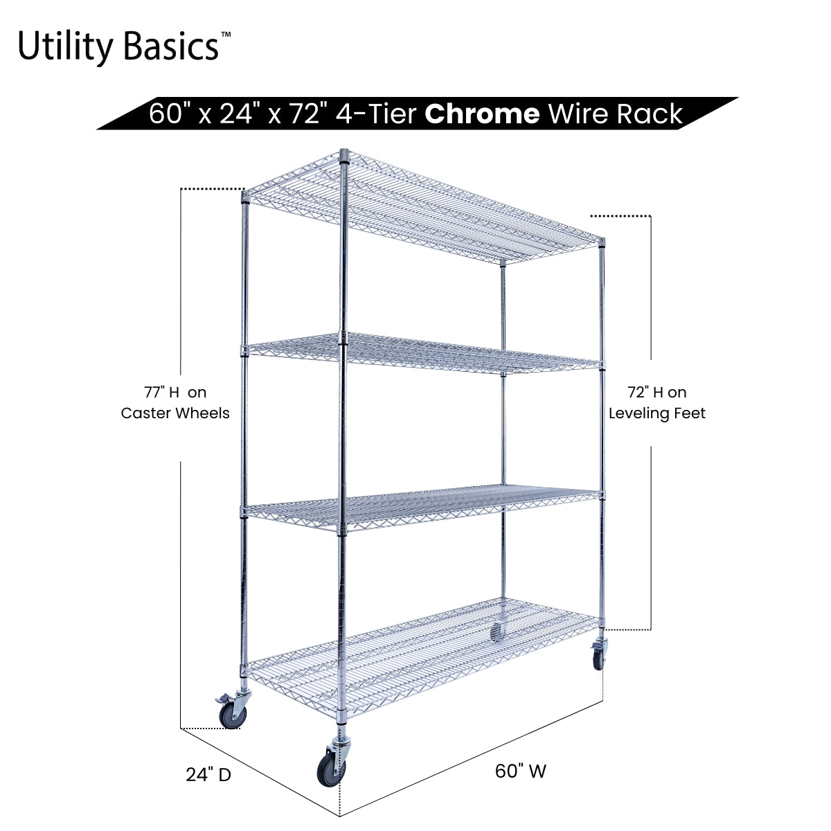 60"W x 24"D x 72"H Wire Shelving | 4-Tier | NSF Certified | Chrome