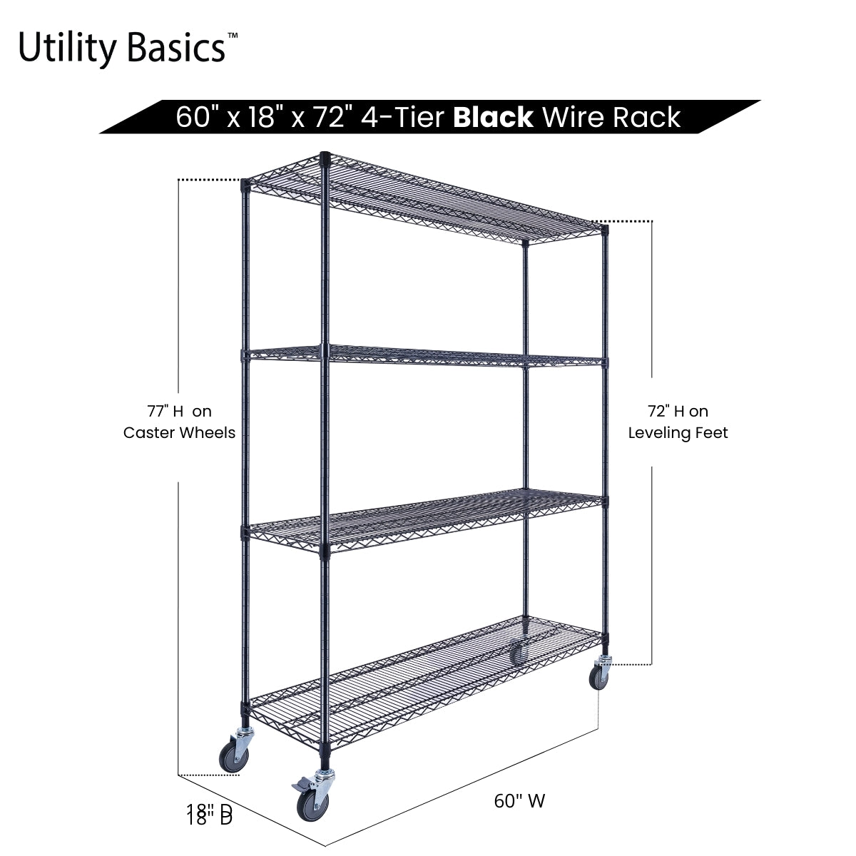 4-Tier Black Wire Shelving 60"W x 18"D x 72"H | NSF Certified