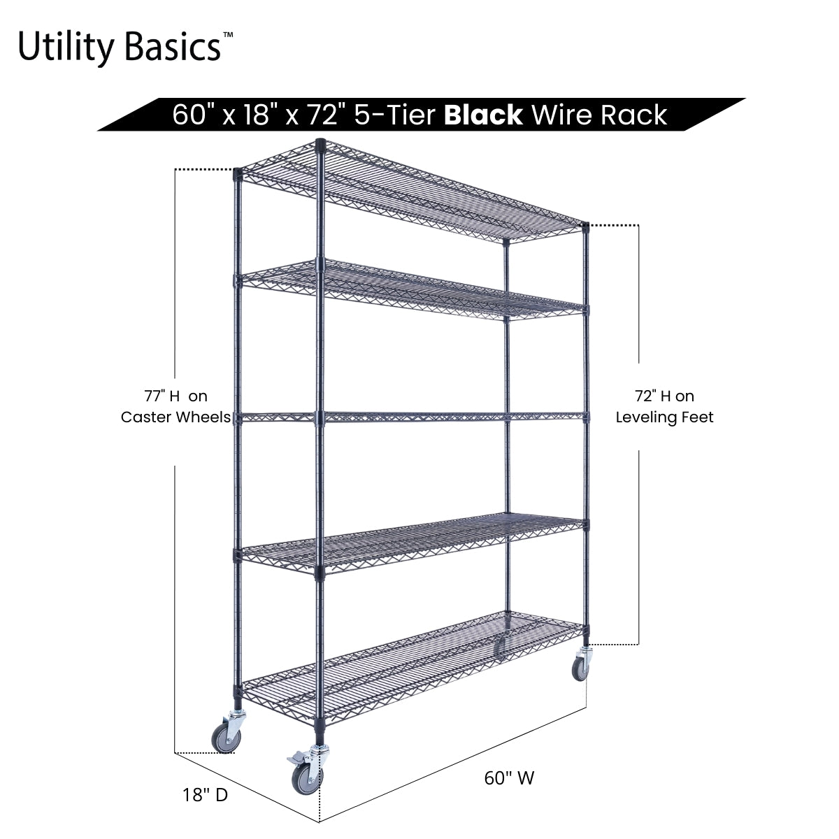 5-Tier Black Wire Shelving 60"W x 18"D x 72"H | NSF Certified