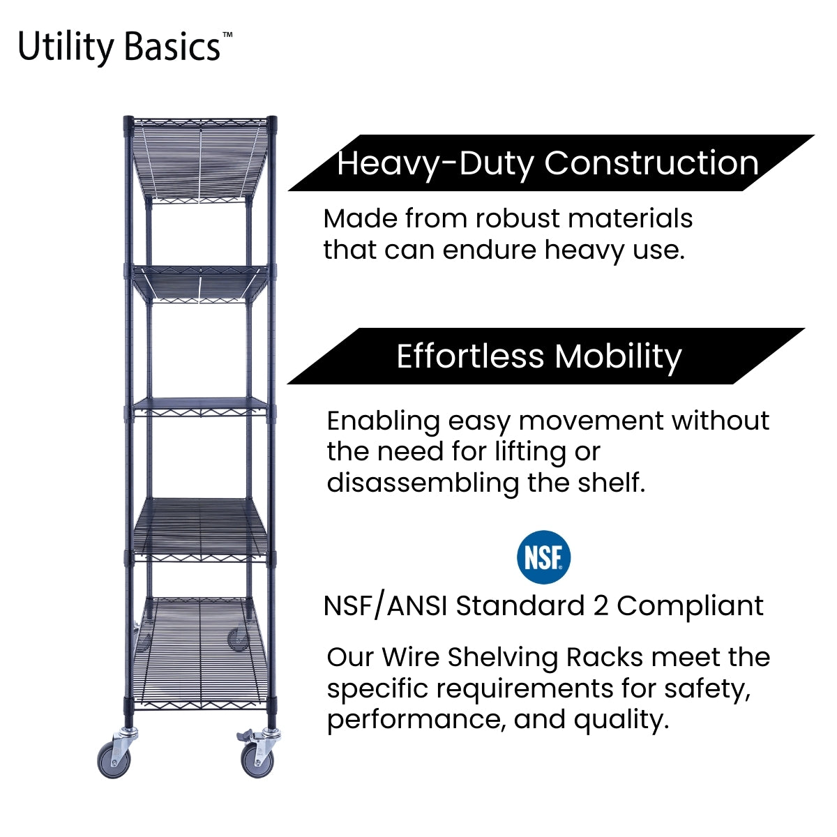 5-Tier Black Wire Shelving 48"W x 18"D x 72"H | NSF Certified