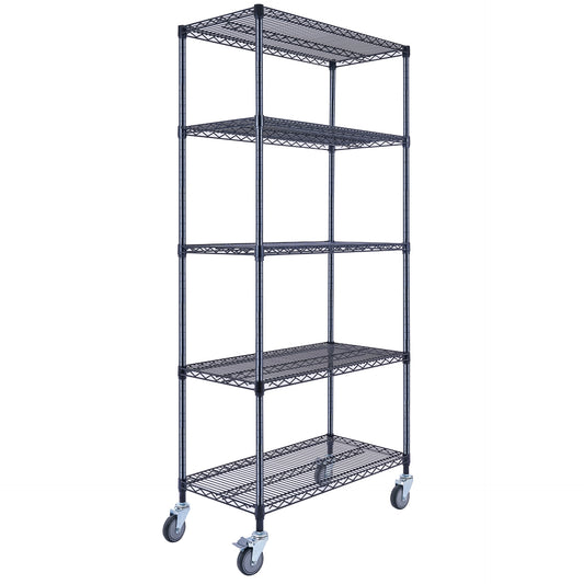 Utility Basics | Black Wire shelving | 5-Tier | 36 x 18 x 72 shelving | Utility shelves | Utility shelving | Utility shelves | Seville Classics | Saferacks | Wire Shelving with Wheels