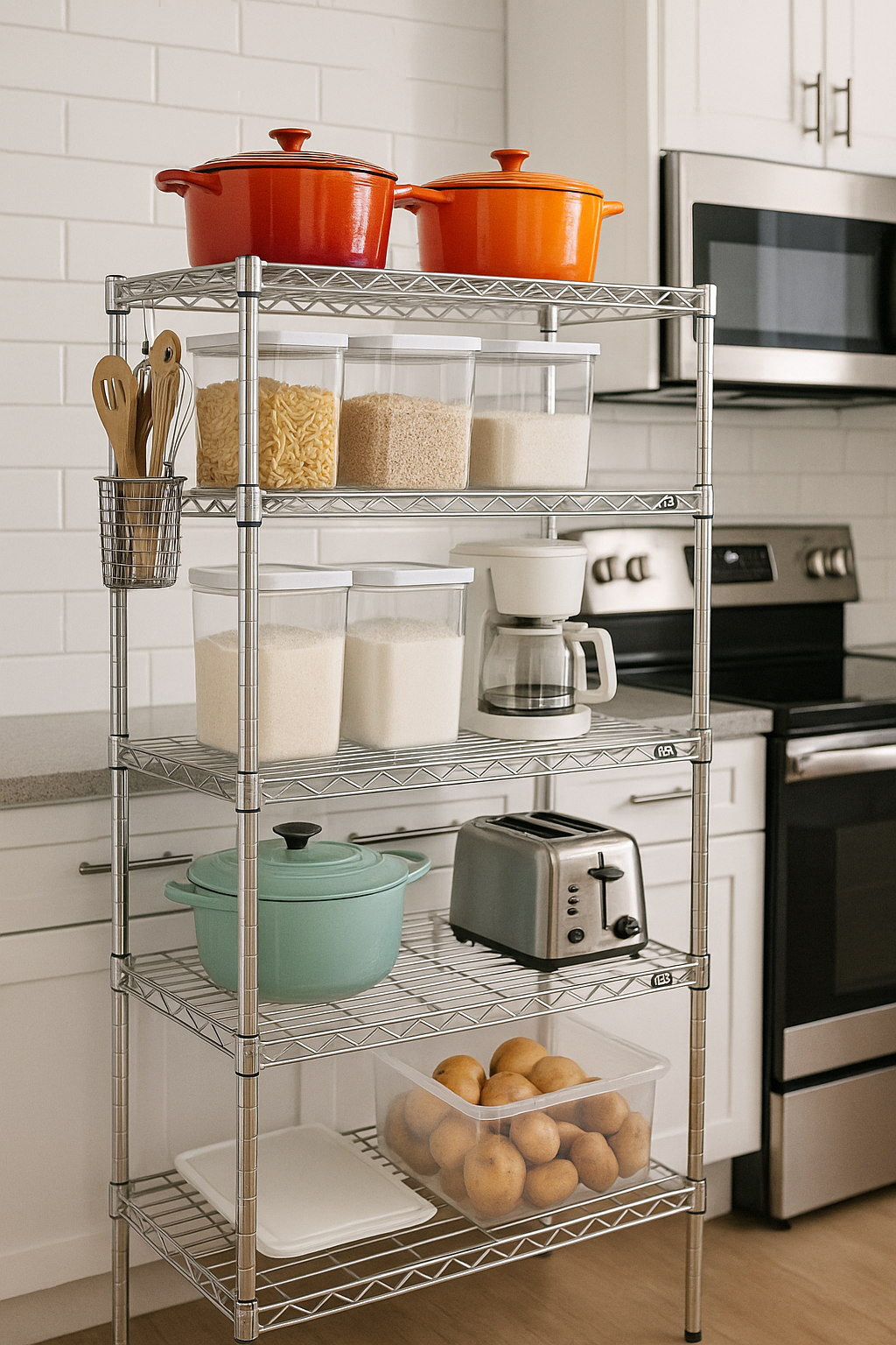 Transform your kitchen with chrome wire shelving from Utility Basics—NSF-certified and perfect for pantry organization.