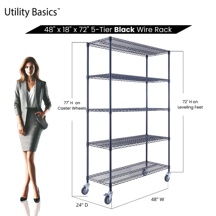 48"W x 18"D x 72"H Shelving with Wheels | Black | NSF Certified | 5-Tier