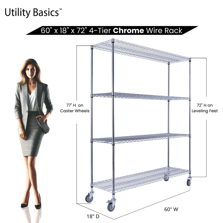 60"W x 18"D x 72"H Shelving on Wheels | NSF Certified | Chrome | 4-Tier