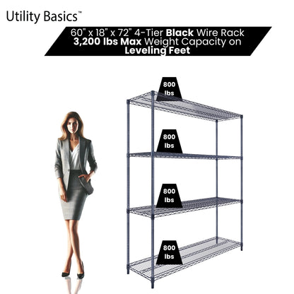 4-Tier Black Wire Shelving 60"W x 18"D x 72"H | NSF Certified