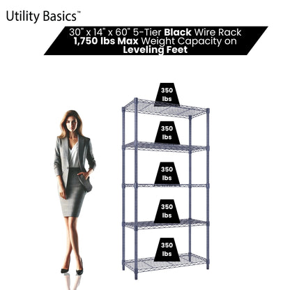 5-Tier Black Wire Shelving 30"W x 14"D x 60"H | NSF Certified