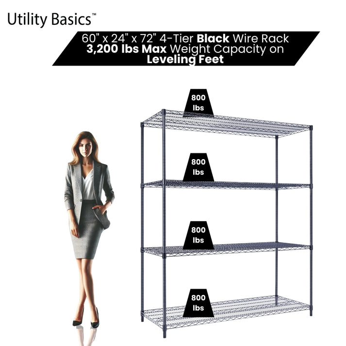 NSF Shelving 60"W × 24"D × 72"H | Black | 4-Tier | Adjustable Shelves