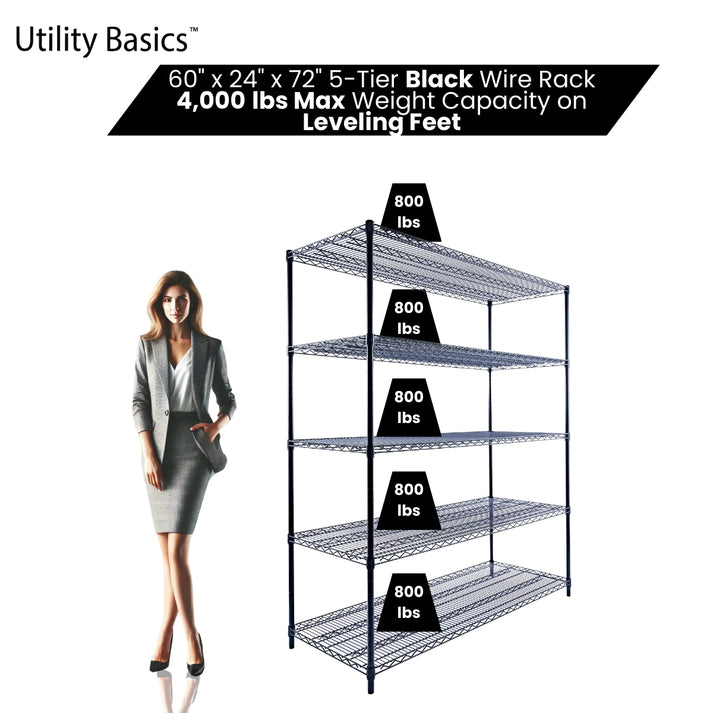Black Metal Shelving Unit 60"W x 24"D x 72"H | NSF Certified | 5-Tier