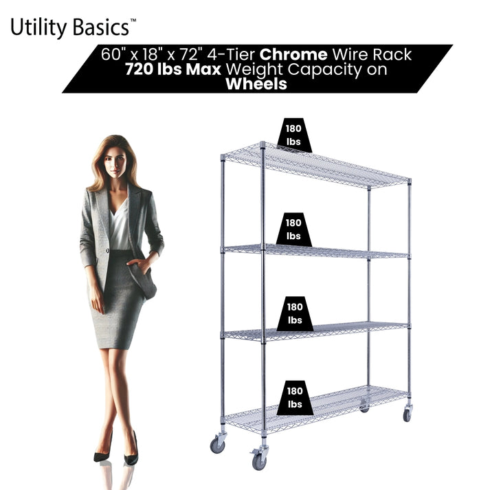 60"W x 18"D x 72"H Shelving on Wheels | NSF Certified | Chrome | 4-Tier
