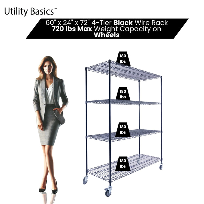 NSF Shelving 60"W × 24"D × 72"H | Black | 4-Tier | Adjustable Shelves