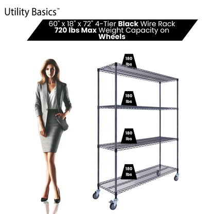 4-Tier Black Wire Shelving 60"W x 18"D x 72"H | NSF Certified