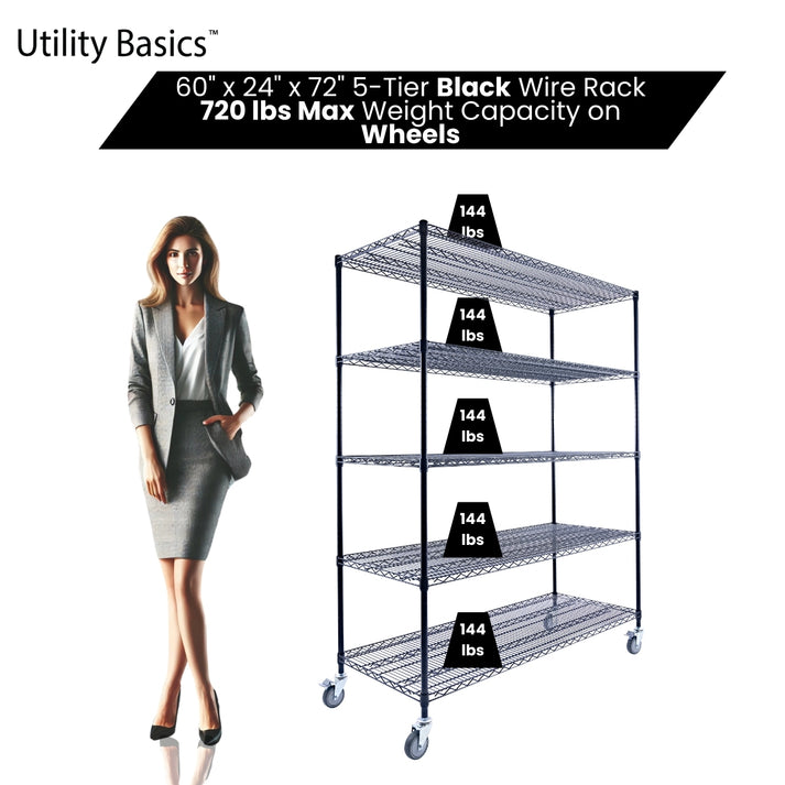 Black Metal Shelving Unit 60"W x 24"D x 72"H | NSF Certified | 5-Tier