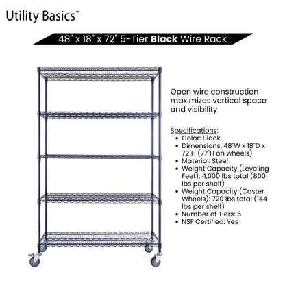 5-Tier  Black Wire Shelving 48"W x 18"D x 72"H | NSF Certified