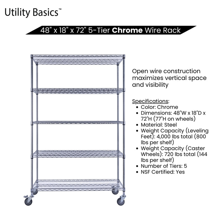 Metal Shelving 48"W x 18"D x 72"H | NSF Certified | 5-Tier | Chrome