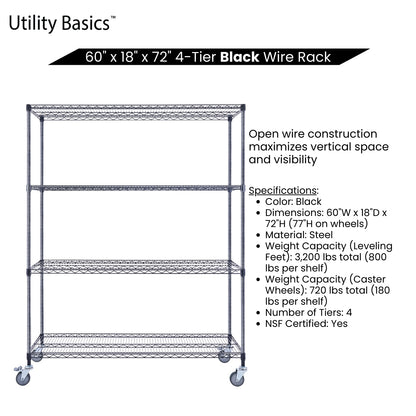 4-Tier Black Wire Shelving 60"W x 18"D x 72"H | NSF Certified