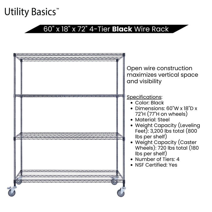 NSF Wire Shelving 60"W x 18"D x 72"H | Black | 4-Tier