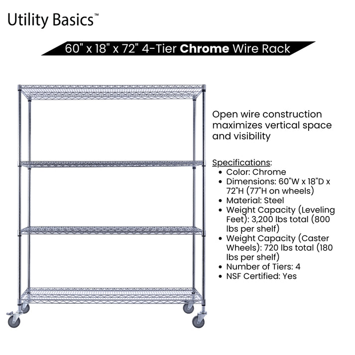 60"W x 18"D x 72"H Shelving on Wheels | NSF Certified | Chrome | 4-Tier