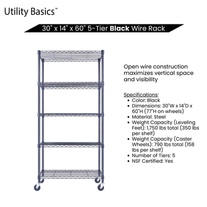 5-Tier Black Wire Shelving 30"W x 14"D x 60"H | NSF Certified